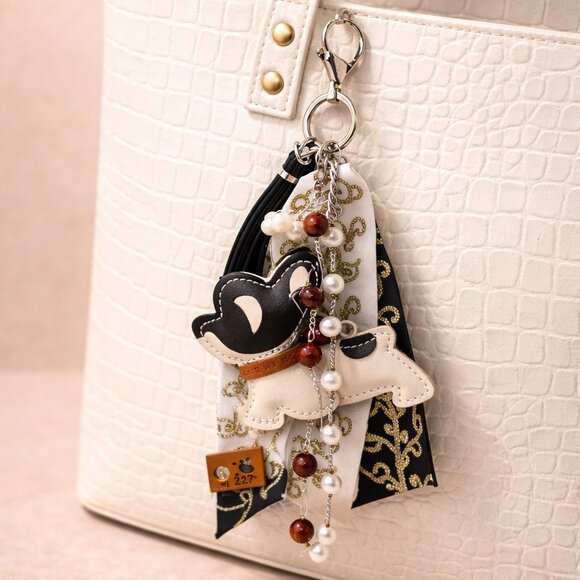 Dog Charm Keychain with Faux Pearls & Tiger’s Eye | Floating Effect | Gift‑Ready - Picture 2 of 6